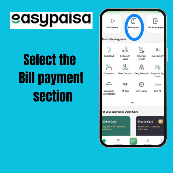 Easy paisa home page screenshot highlighting bill payment option