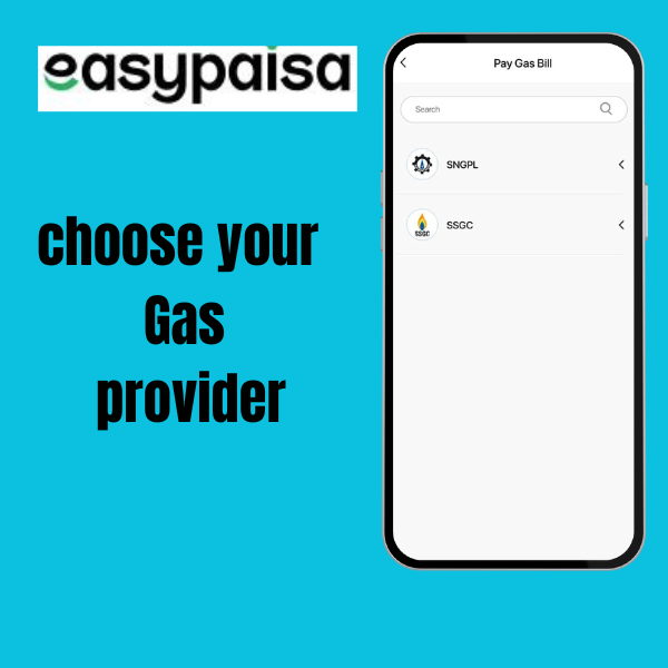 Easy paisa screen shot options of choose SSGC,SNGPL gas bill to pay