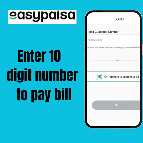 Easy paisa screenshot of 10 digit customer number enter to pay SSGC bill